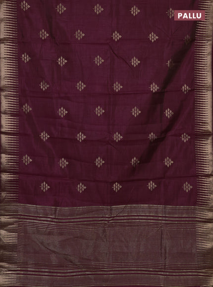 Semi raw silk saree wine shade with zari woven buttas and temple design zari woven border