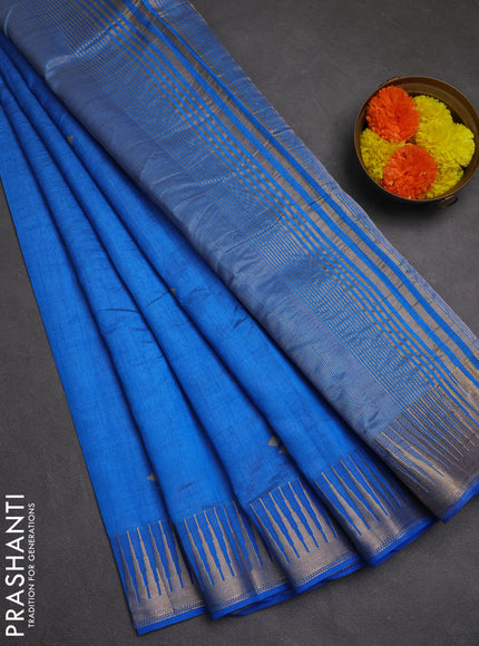 Semi raw silk saree blue with zari woven buttas and temple design zari woven border