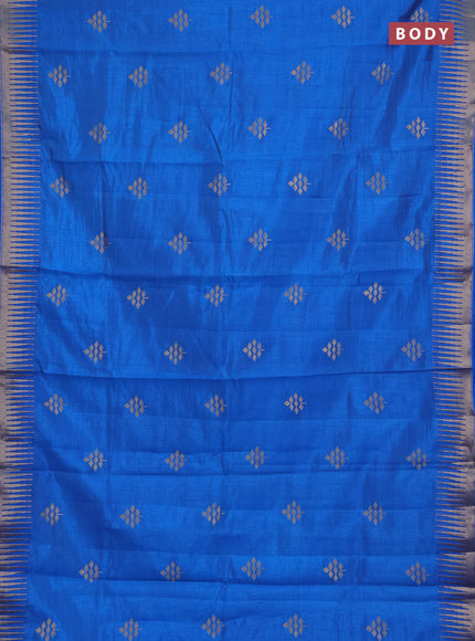 Semi raw silk saree blue with zari woven buttas and temple design zari woven border