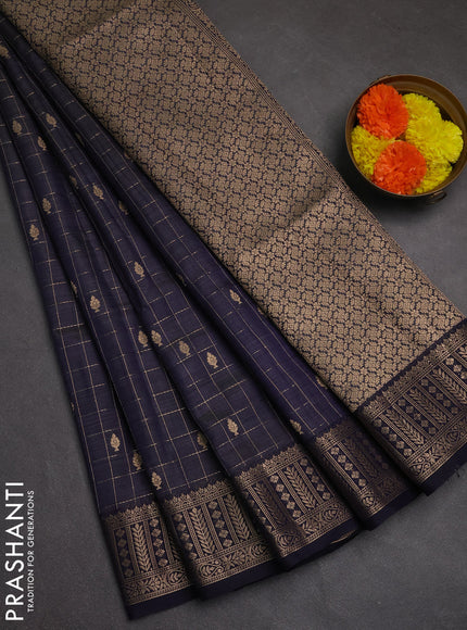 Semi raw silk saree navy blue with allover zari checks & buttas and zari woven border