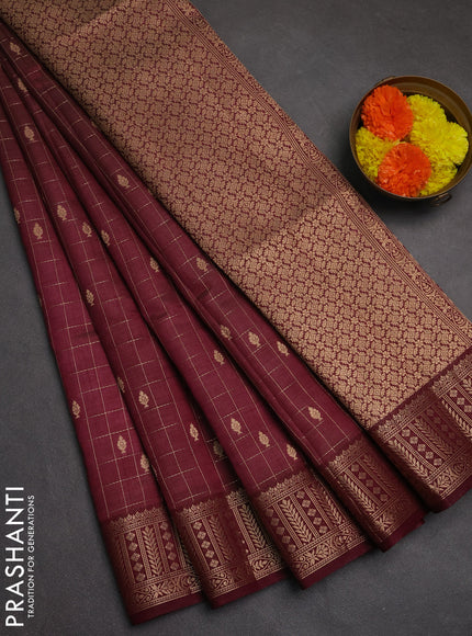 Semi raw silk saree wine shade with allover zari checks & buttas and zari woven border