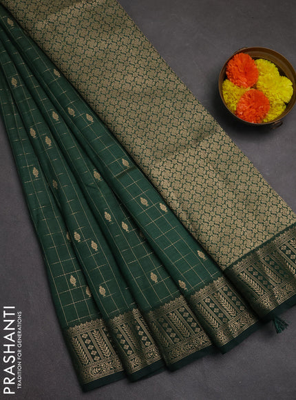 Semi raw silk saree bottle green with allover zari checks & buttas and zari woven border