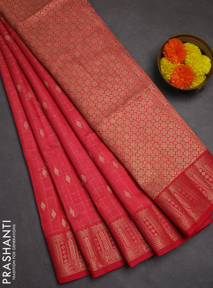Semi raw silk saree reddish pink with allover zari checks & buttas and zari woven border
