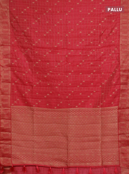 Semi raw silk saree reddish pink with allover zari checks & buttas and zari woven border