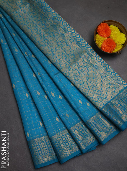 Semi raw silk saree teal blue with allover zari checks & buttas and zari woven border