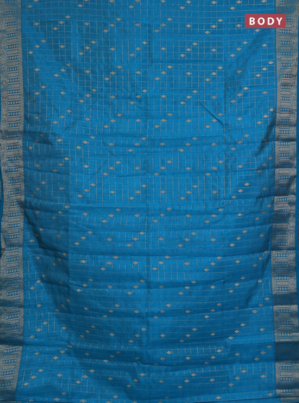 Semi raw silk saree teal blue with allover zari checks & buttas and zari woven border
