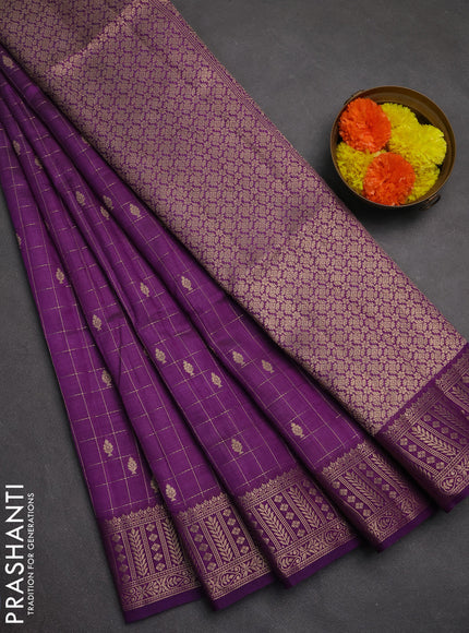 Semi raw silk saree purple with allover zari checks & buttas and zari woven border