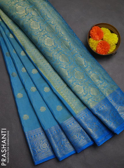 Semi raw silk saree dual tone teal blue and cs blue with zari woven buttas and zari woven border