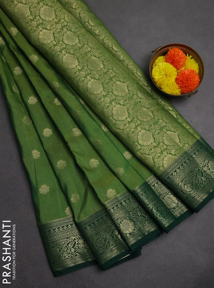 Semi raw silk saree green and dark green with zari woven buttas and zari woven border