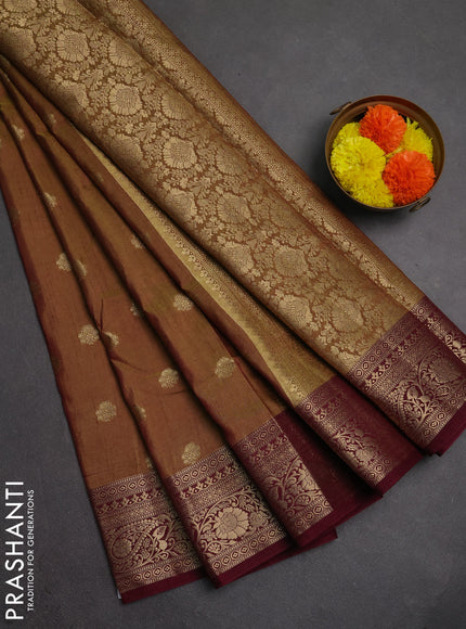 Semi raw silk saree dual tone greenish wine and wine with zari woven buttas and zari woven border