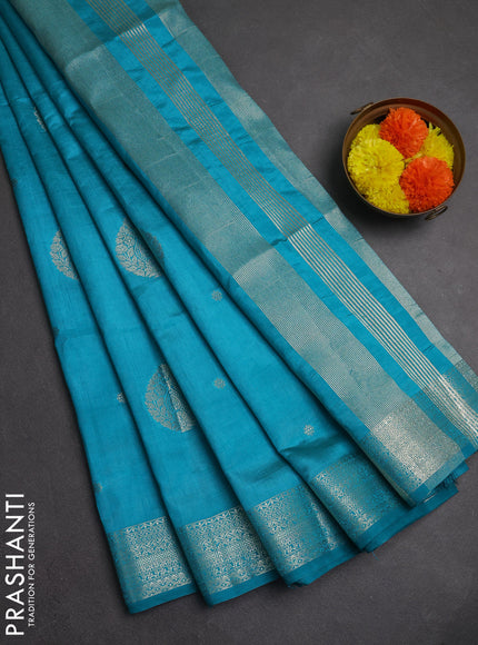 Semi raw silk saree teal blue with zari woven buttas and zari woven border