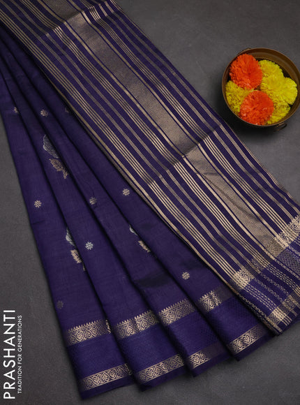 Semi raw silk saree dark blue with zari woven floral buttas and rettpet zari woven border