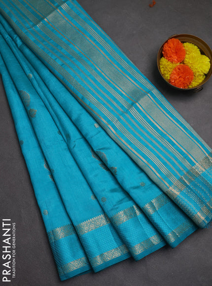 Semi raw silk saree teal blue with zari woven floral buttas and rettpet zari woven border