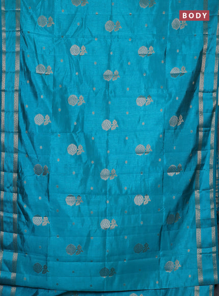 Semi raw silk saree teal blue with zari woven floral buttas and rettpet zari woven border