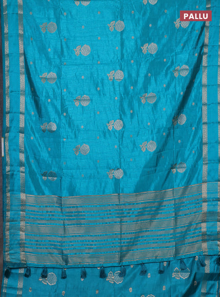 Semi raw silk saree teal blue with zari woven floral buttas and rettpet zari woven border