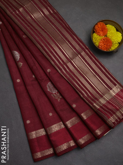 Semi raw silk saree maroon with zari woven floral buttas and rettpet zari woven border