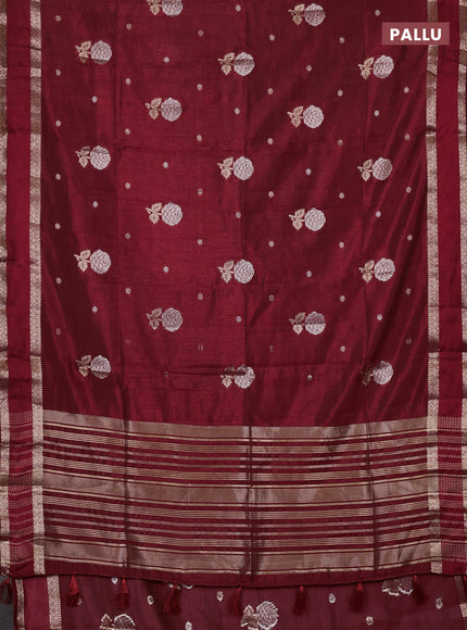 Semi raw silk saree maroon with zari woven floral buttas and rettpet zari woven border