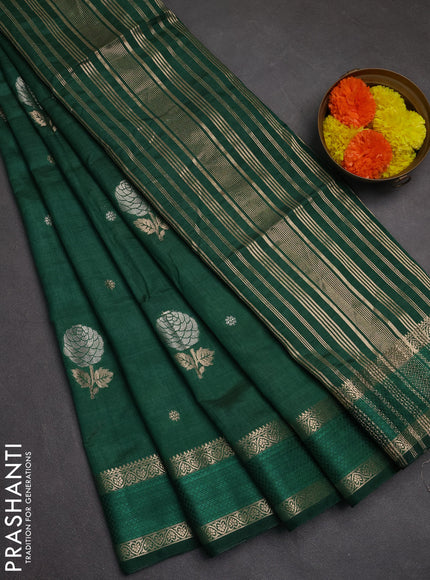 Semi raw silk saree bottle green with zari woven floral buttas and rettpet zari woven border