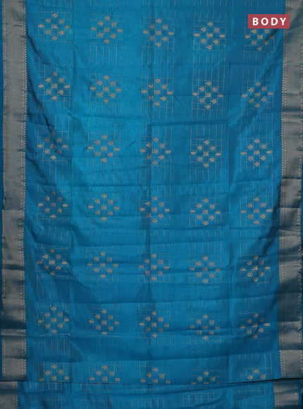 Semi raw silk saree teal blue with allover zari checks & buttas and zari woven border