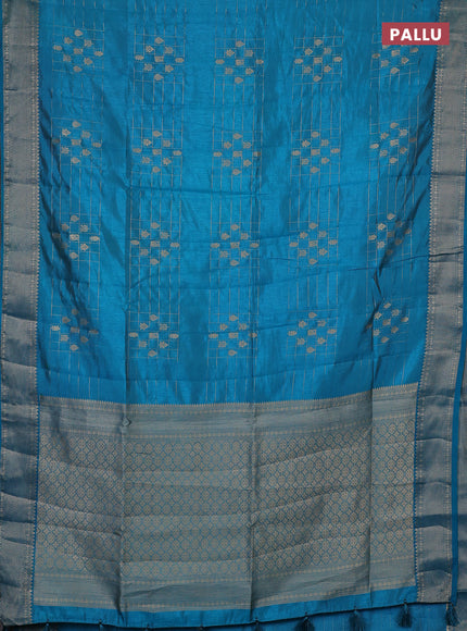 Semi raw silk saree teal blue with allover zari checks & buttas and zari woven border