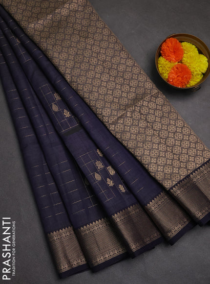 Semi raw silk saree navy blue with allover zari checks & buttas and zari woven border