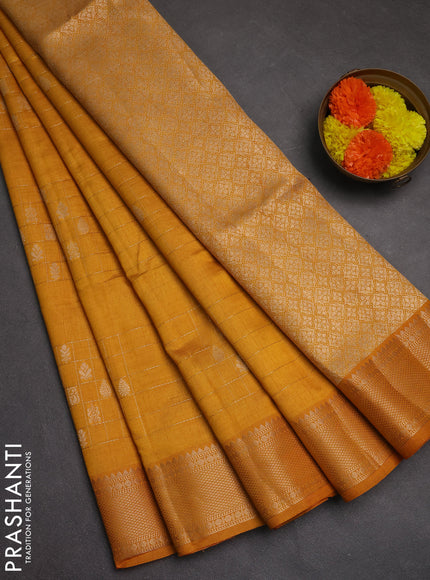 Semi raw silk saree mustard yellow with allover zari checks & buttas and zari woven border