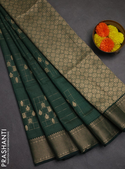 Semi raw silk saree bottle green with allover zari checks & buttas and zari woven border