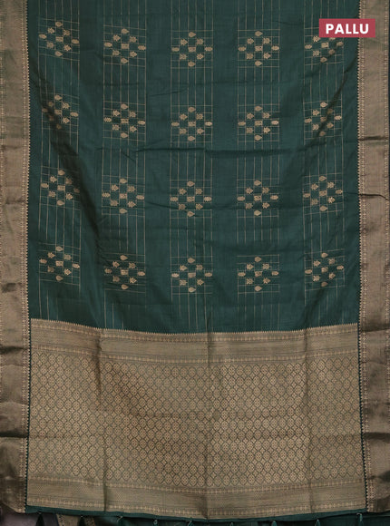 Semi raw silk saree bottle green with allover zari checks & buttas and zari woven border