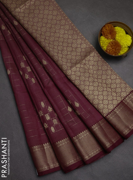 Semi raw silk saree wine shade with allover zari checks & buttas and zari woven border