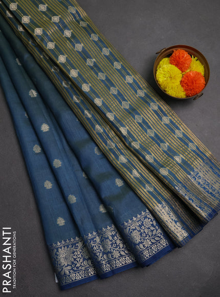 Semi raw silk saree cs blue with zari woven buttas and zari woven border