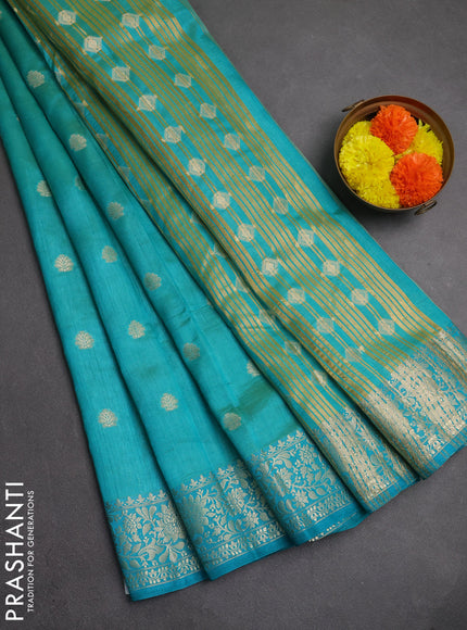 Semi raw silk saree teal blue with zari woven buttas and zari woven border