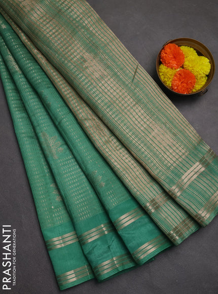 Semi raw silk saree teal green shade with allover zari weaves and rettapet zari woven border