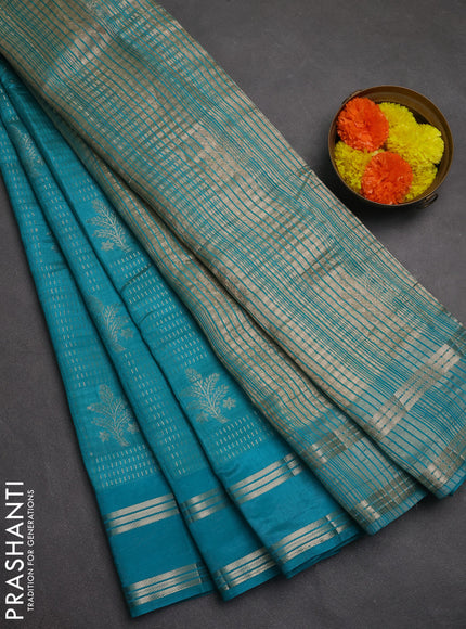 Semi raw silk saree teal blue with allover zari weaves and rettapet zari woven border