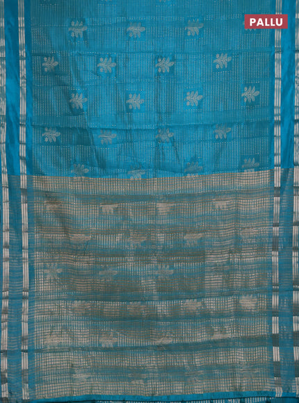 Semi raw silk saree teal blue with allover zari weaves and rettapet zari woven border