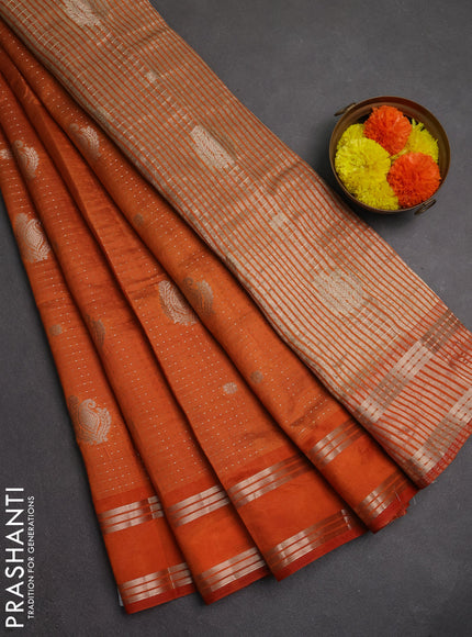 Semi raw silk saree orange with allover zari weaves and rettapet zari woven border