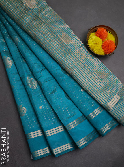Semi raw silk saree teal blue with allover zari weaves and rettapet zari woven border