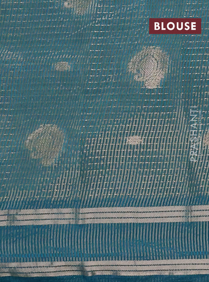 Semi raw silk saree teal blue with allover zari weaves and rettapet zari woven border