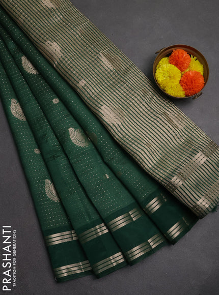Semi raw silk saree green with allover zari weaves and rettapet zari woven border