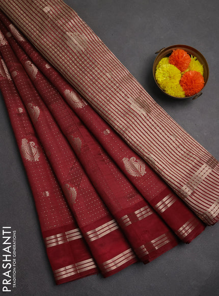Semi raw silk saree maroon with allover zari weaves and rettapet zari woven border
