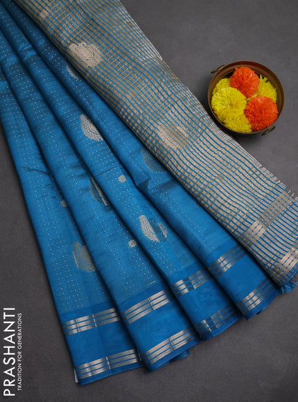 Semi raw silk saree cs blue with allover zari weaves and rettapet zari woven border