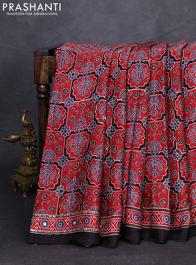 Modal silk saree maroon and black with allover ajrakh prints & sequin mirror work and sequin embroidery pallu