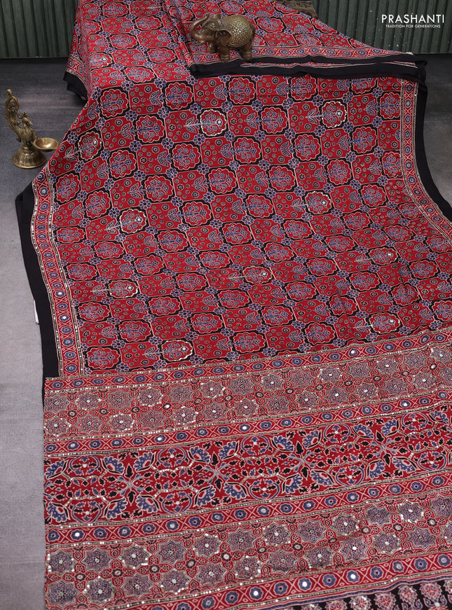 Modal silk saree maroon and black with allover ajrakh prints & sequin mirror work and sequin embroidery pallu