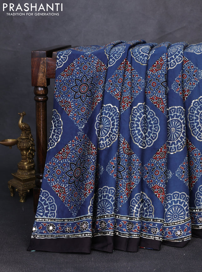 Modal silk saree indigo blue and black with allover ajrakh prints & sequin mirror work and sequin embroidery pallu