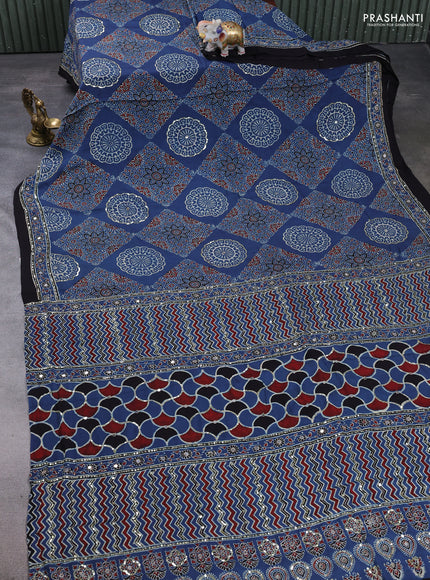 Modal silk saree indigo blue and black with allover ajrakh prints & sequin mirror work and sequin embroidery pallu