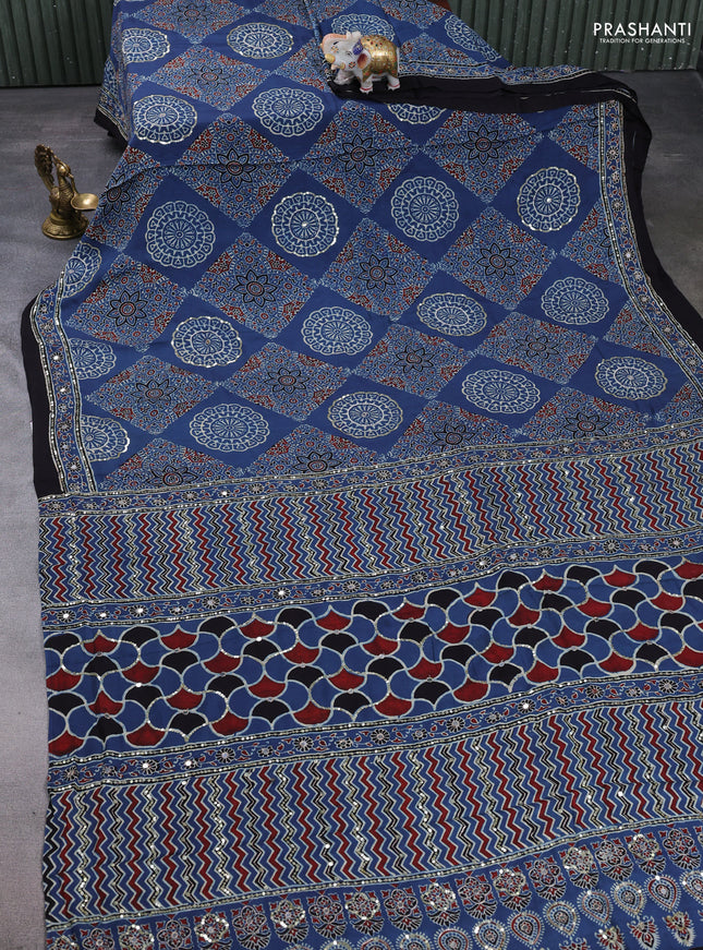 Modal silk saree indigo blue and black with allover ajrakh prints & sequin mirror work and sequin embroidery pallu