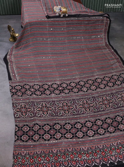Modal silk saree rosy brown and black with allover ajrakh prints & sequin work and sequin embroidery pallu