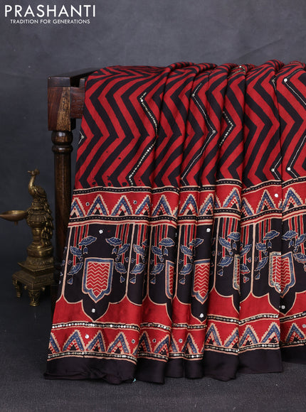 Modal silk saree maroon and black with allover zigzag prints & sequin mirror work and sequin embroidery pallu