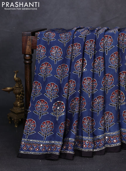 Modal silk saree indigo blue and black with allover ajrakh prints & sequin mirror work and sequin embroidery pallu