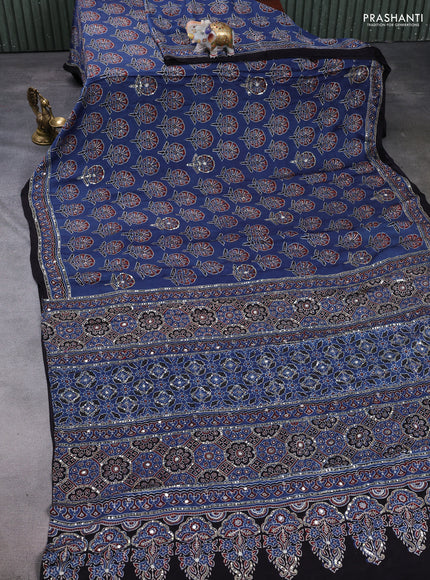 Modal silk saree indigo blue and black with allover ajrakh prints & sequin mirror work and sequin embroidery pallu