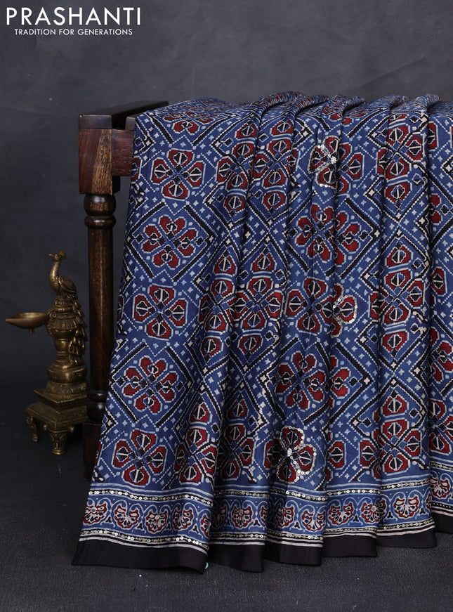 Modal silk saree indigo blue and black with allover ajrakh prints & sequin mirror work and sequin embroidery pallu